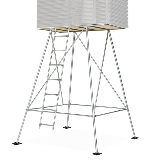 4x8 hunting blind steel tower stand product image on white background, designed for stability and elevation in the field.

