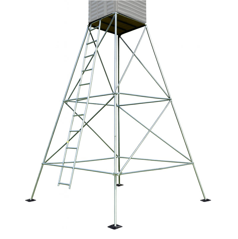 15 foot steel tower stand for 4x4 deer hunting blinds, featuring reinforced cross-brace design for stability.

