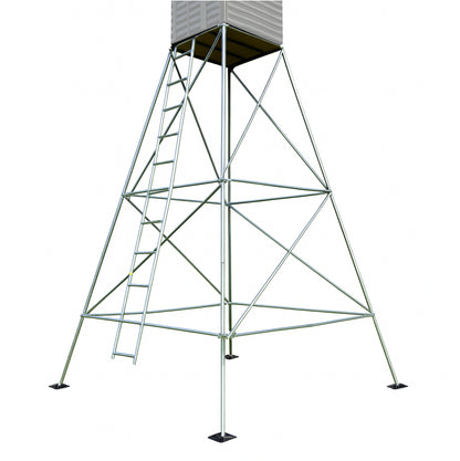 15 foot steel tower stand for 4x4 deer hunting blinds, featuring reinforced cross-brace design for stability.

