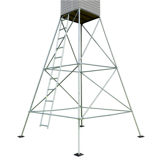15 foot steel tower stand for 4x4 deer hunting blinds, featuring reinforced cross-brace design for stability.

