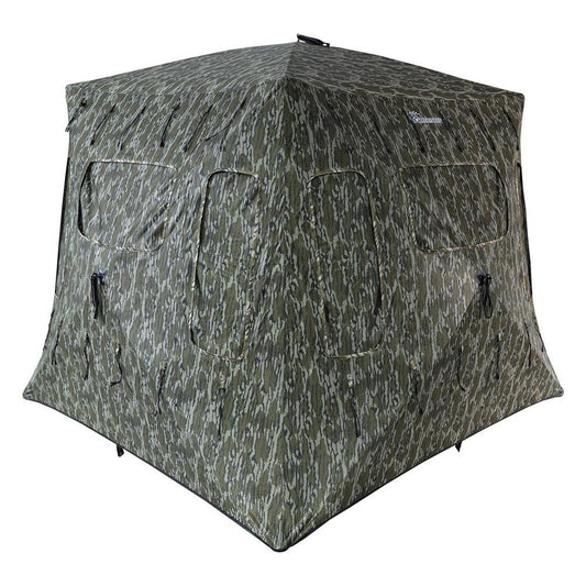 Camouflage hunting blind on a white background