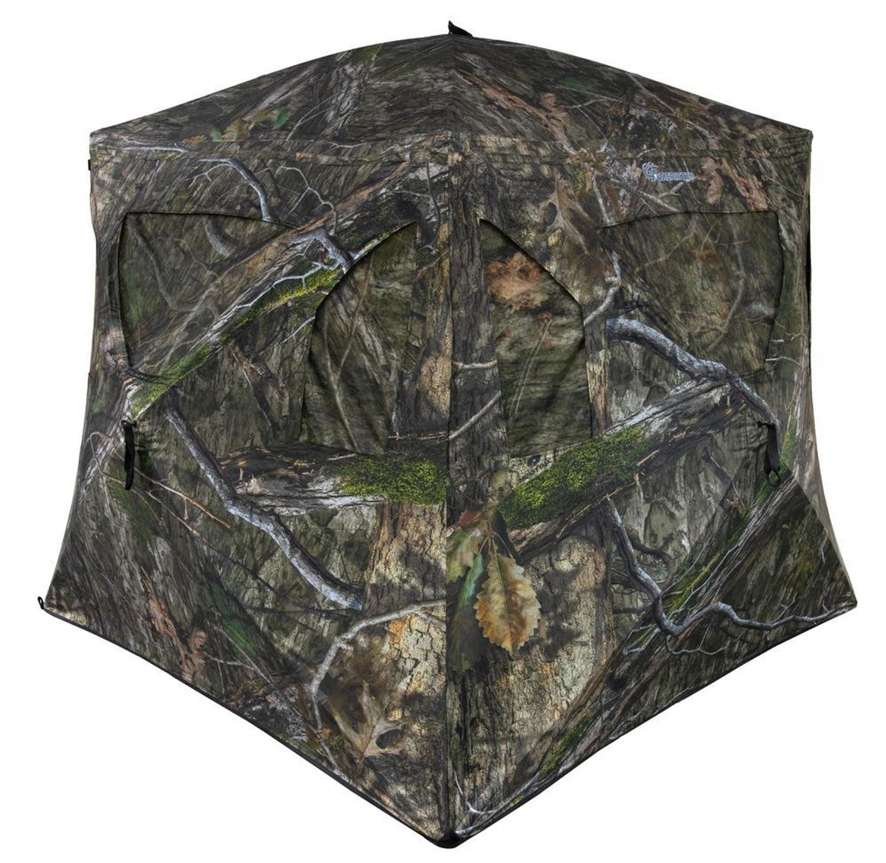 Ameristep Brickhouse 75x75 Wide Bottom ground blind front view showing shoot-through mesh windows and Mossy Oak Break-Up Country camouflage on white background