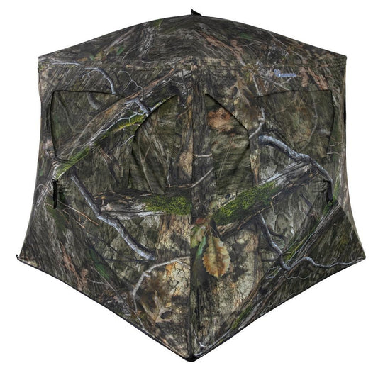 Camouflage hunting blind with tree branch design on a white background