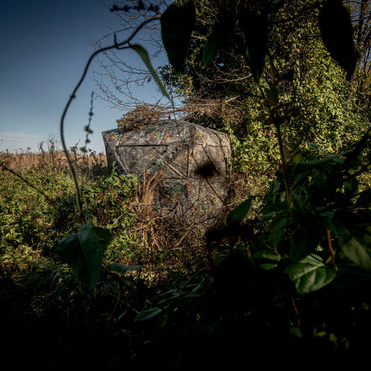 Camouflage hunting blind in a forest setting