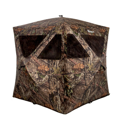 Ameristep Magnum Care Taker 59x59 pop-up ground blind front angle showing multiple shooting windows in Mossy Oak Break-Up Country camouflage on white background