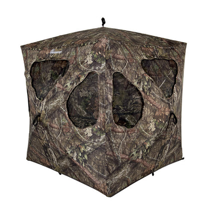 Ameristep Silent Brickhouse 59x59 pop-up ground blind front angle showing multiple shoot-through mesh windows in Mossy Oak camouflage on white background