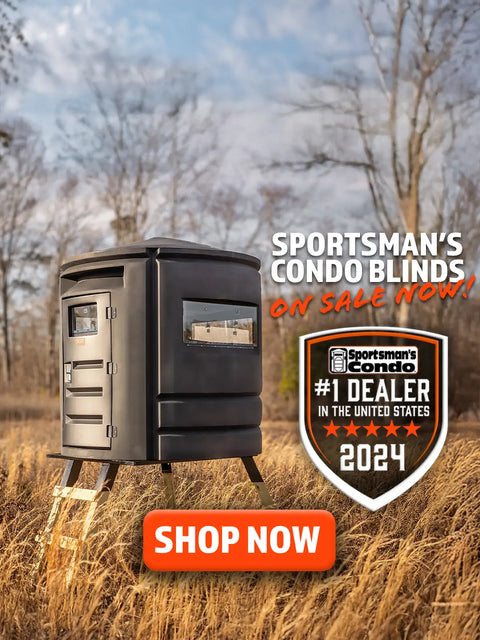Hunting blind in a field with promotional text for Sportsman's Condo blinds.