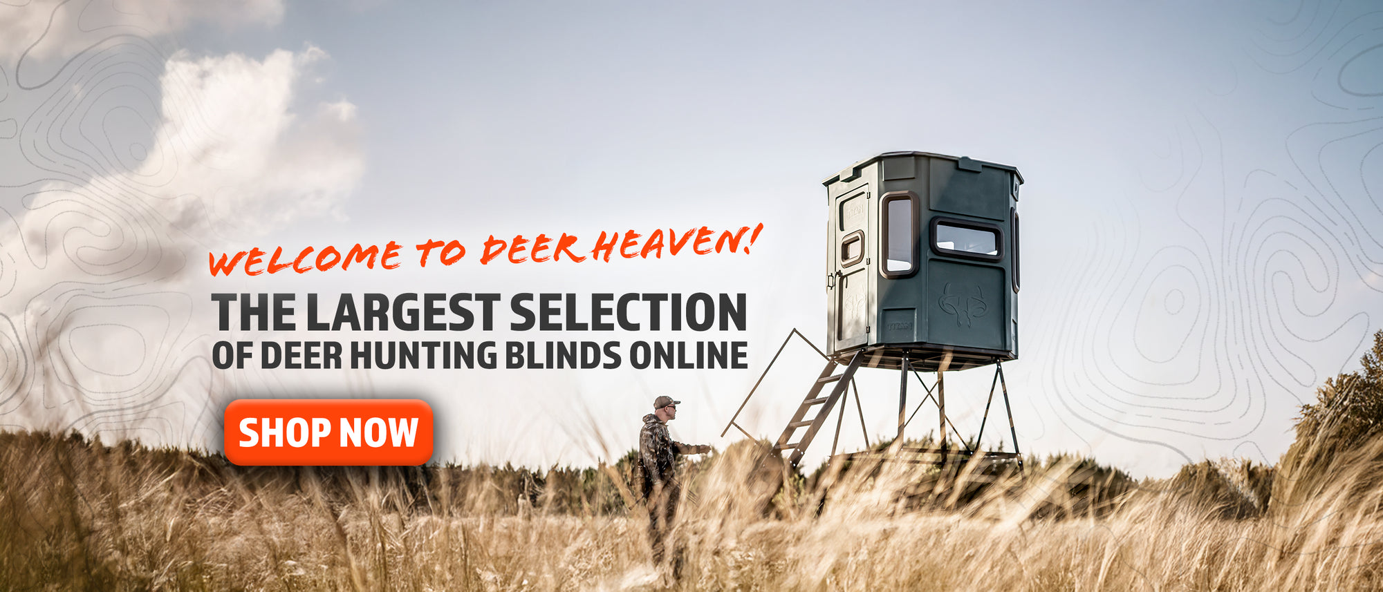 Deer hunting blind in a field with promotional text overlay.