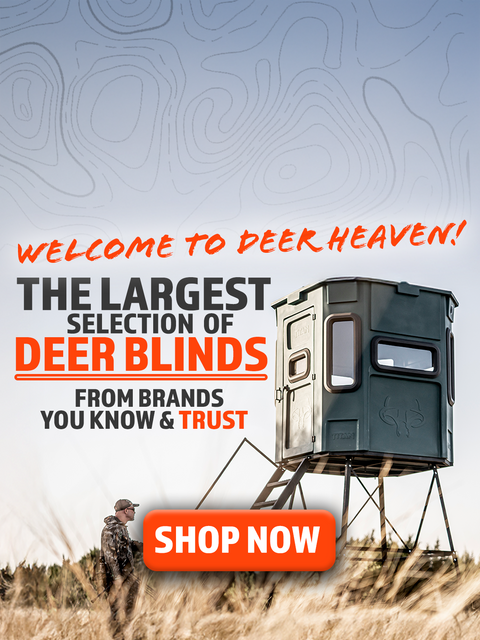 Advertisement for deer blinds with a man in camouflage clothing.