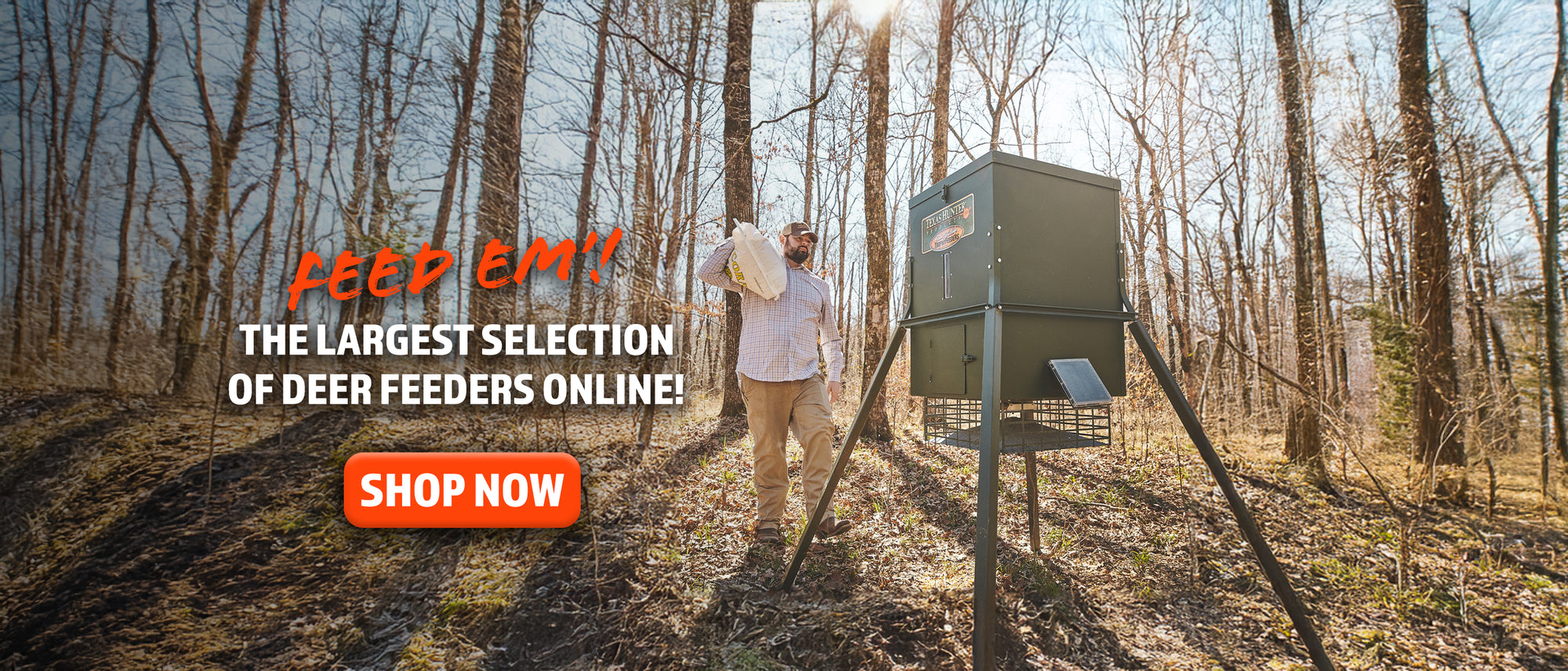 Man setting up a deer feeder in a forest with promotional text overlay.