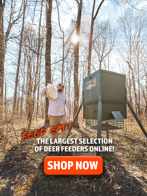 Man feeding a deer at a deer feeder in the woods with promotional text overlay.