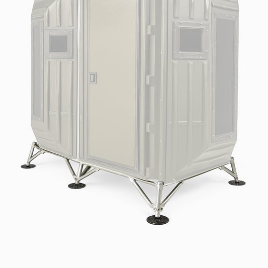 4x8 deer hunting blind steel tower stand in white background product image, highlighting reinforced legs and cross-bracing.

