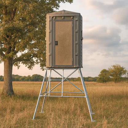 The Blynd 4x4 Hunting Deer Blind with tan door and steel stand, positioned in an open field for optimal sightlines.

