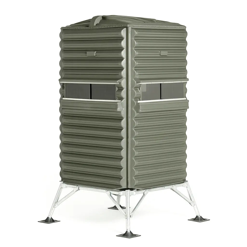 Front-facing The Blynd 4x4 Deer Hunting Blind on white background, highlighting durable construction and elevated frame.


