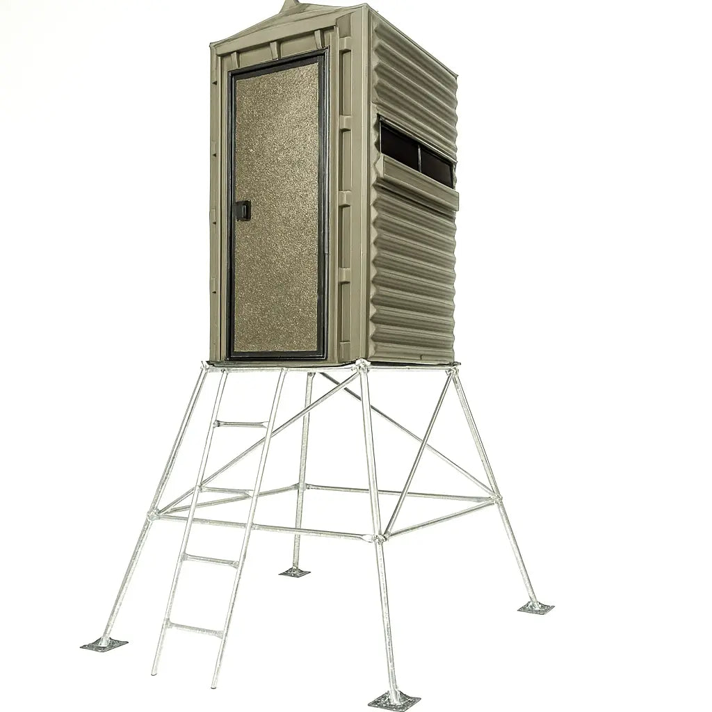 Side view of The Blynd 4x4 Deer Hunting Blind on elevated stand, isolated on white background to highlight shooting windows.

