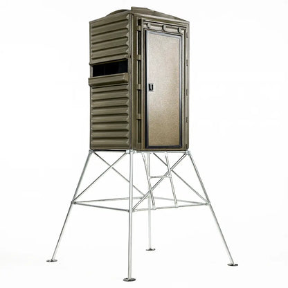 The Blynd 4x4 Deer Hunting Blind with angled side view on white background, showcasing multiple windows and rugged build.

