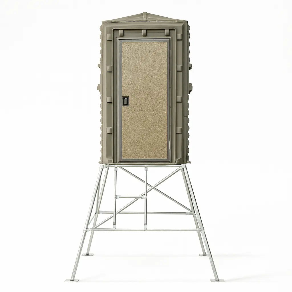 The Blynd 4x4 Deer Hunting Blind elevated on a steel stand, isolated on white background for clear product detailing.

