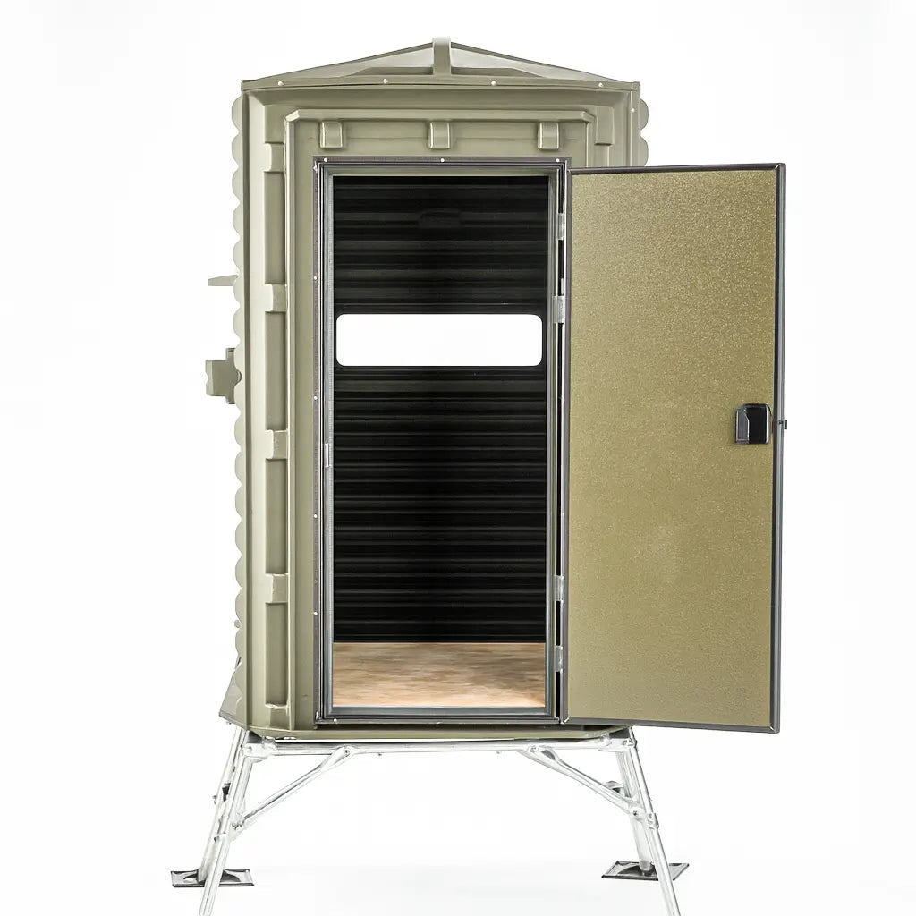 The Blynd 4x4 Deer Hunting Blind with open door revealing interior, isolated on white background for product showcase.

