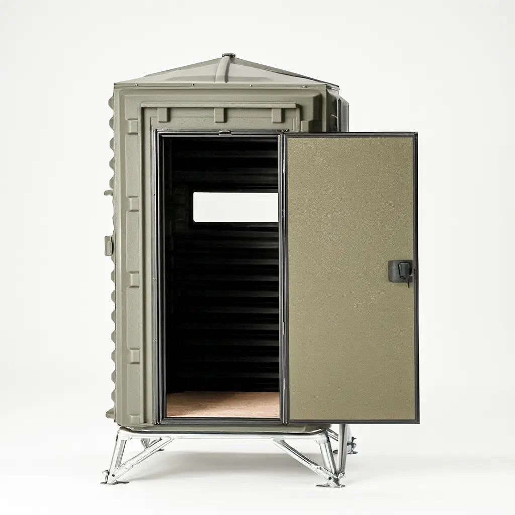 The Blynd 4x4 Deer Hunting Blind with open front door revealing interior, displayed on white background.

