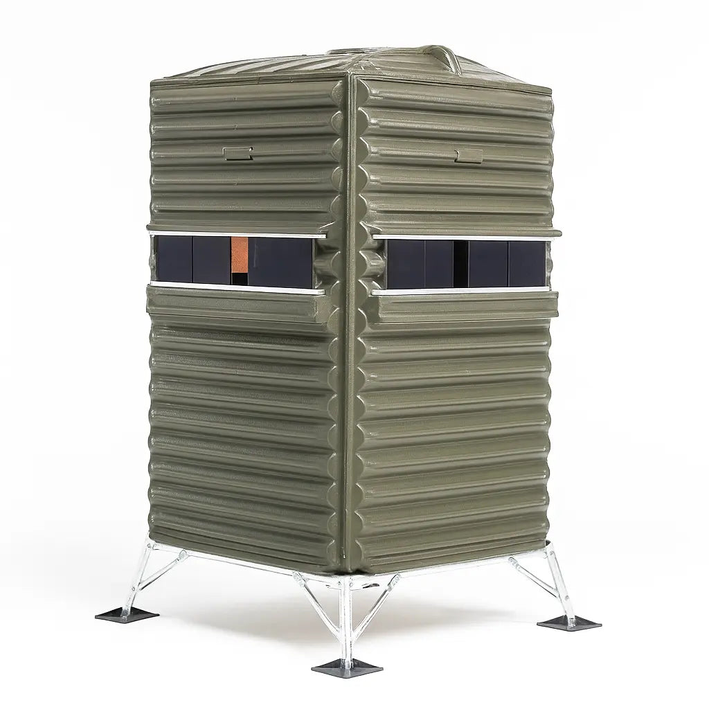 The Blynd 4x4 Deer Hunting Blind product image on white background, highlighting its elevated steel base and multiple shooting windows.

