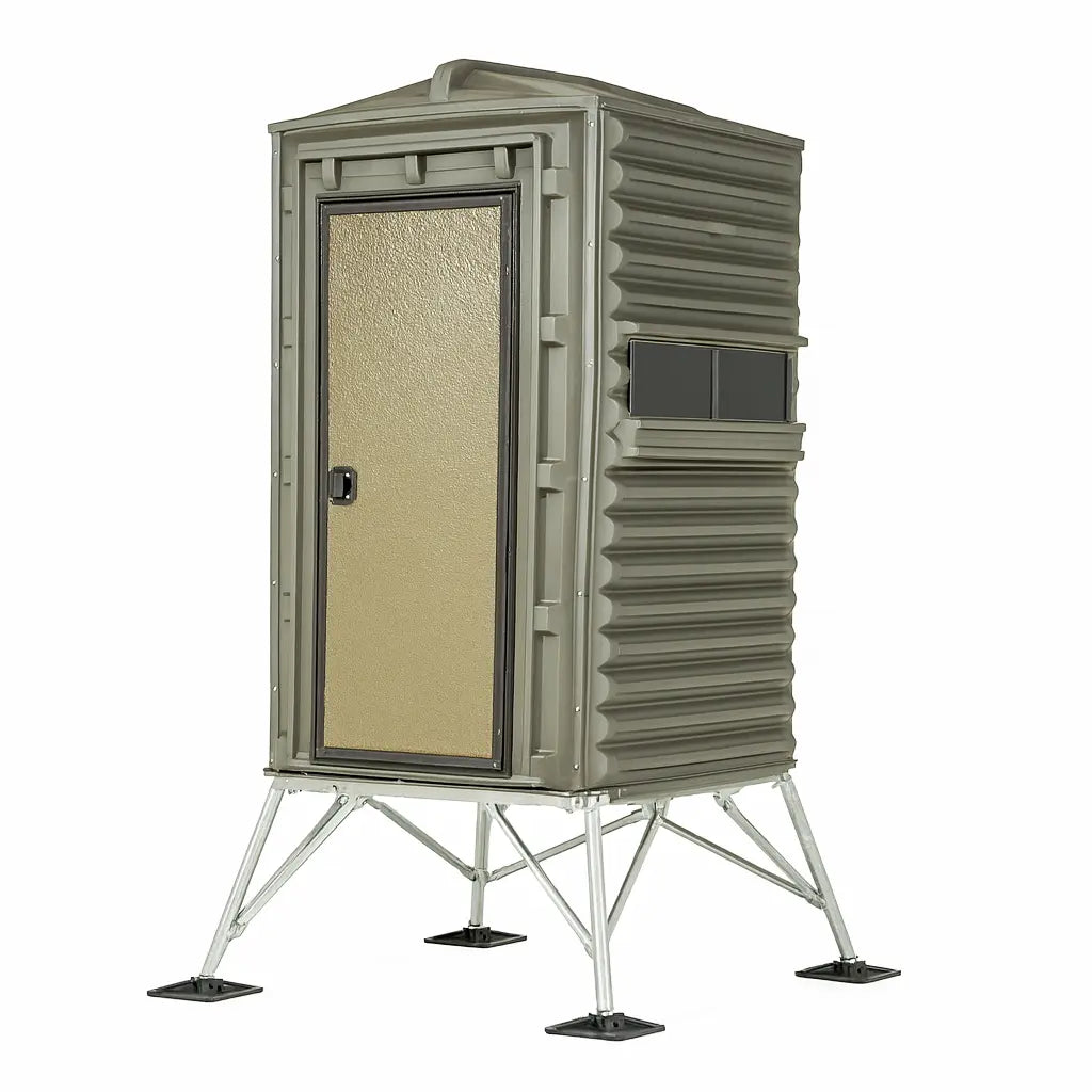 The Blynd 4x4 Deer Hunting Blind product image on white background, featuring full entry door and multiple shooting windows.

