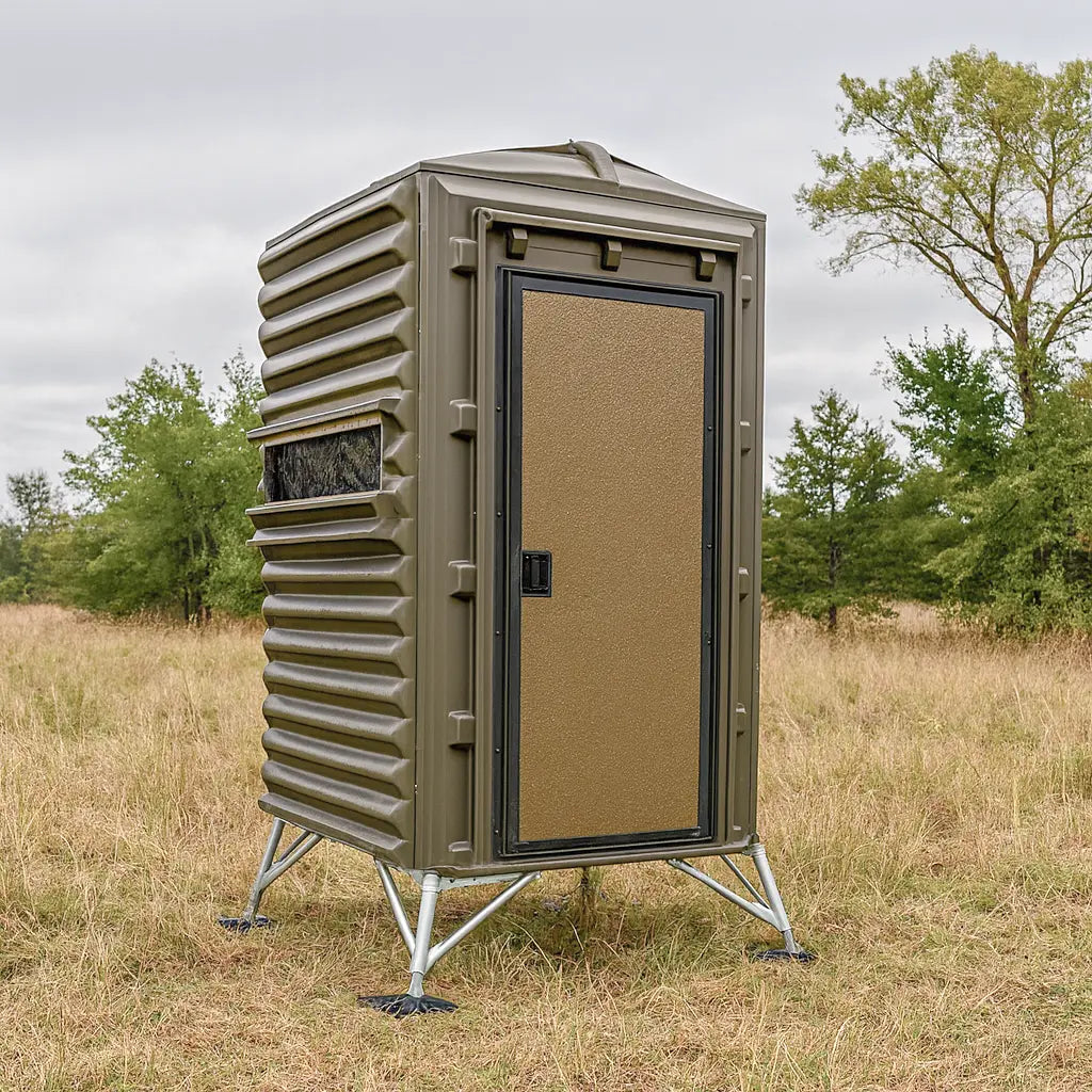 Front-facing The Blynd 4x4 Hunting Deer Blind in a field, featuring textured brown door and durable elevated frame.

