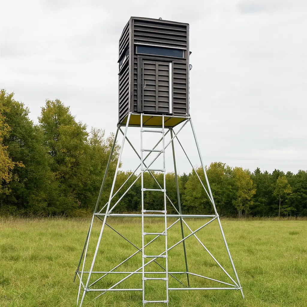 The Blynd 4x4 Deer Hunting Blind with steel tower frame in a grassy meadow, offering maximum elevation for long-range visibility.

