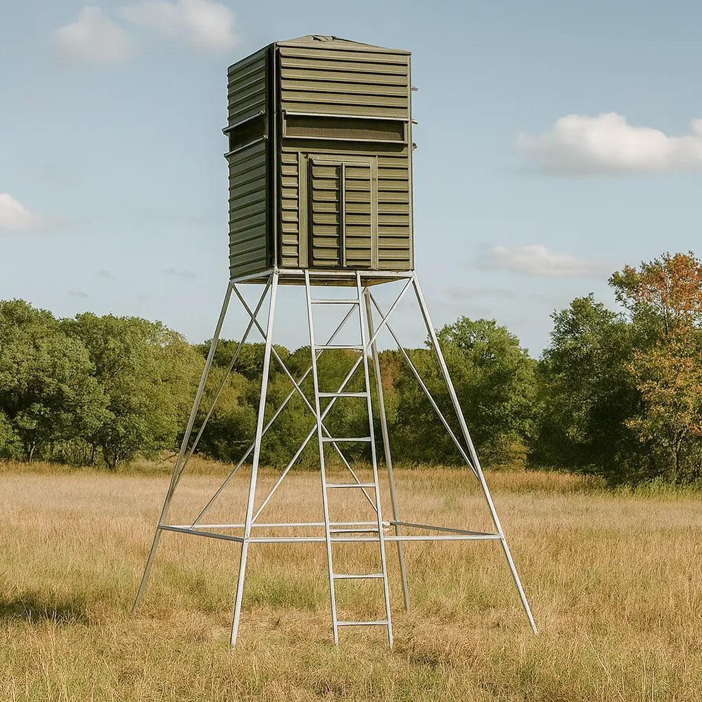 The Blynd 4x4 Bow Hunting Deer Blind elevated in a green pasture with wooded background, showing side shooting windows for wide coverage.

