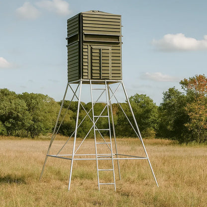 The Blynd 4x4 Bow Hunting Deer Blind elevated in a green pasture with wooded background, showing side shooting windows for wide coverage.

