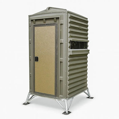 Angled profile of The Blynd 4x4 Deer Hunting Blind isolated on white background, showing full-height entry door and textured exterior.


