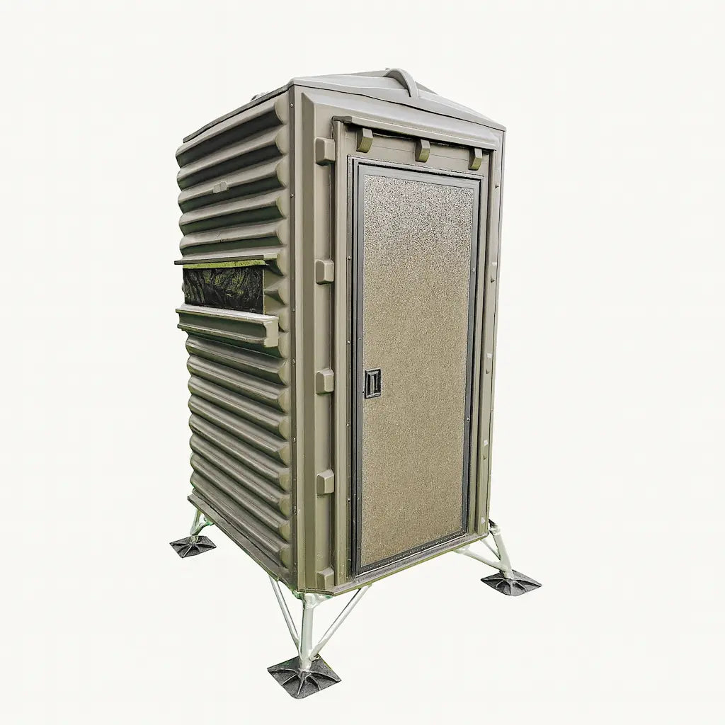 Side view of The Blynd 4x4 Deer Hunting Blind on white background, highlighting weather-resistant panels and steel base.

