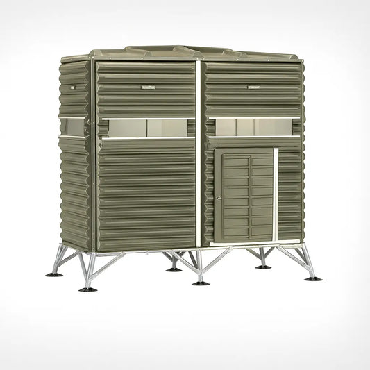 The Blynd 4x8 Deer Hunting Blind product image on white background, showcasing multiple shooting windows and reinforced frame.

