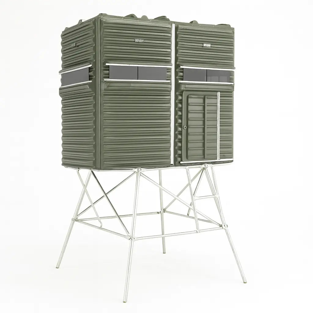 Side profile of The Blynd 4x8 Deer Hunting Blind on elevated stand, highlighting ventilation panels and durable construction.

