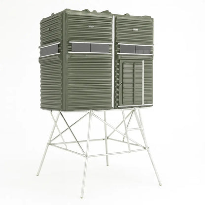 Side profile of The Blynd 4x8 Deer Hunting Blind on elevated stand, highlighting ventilation panels and durable construction.

