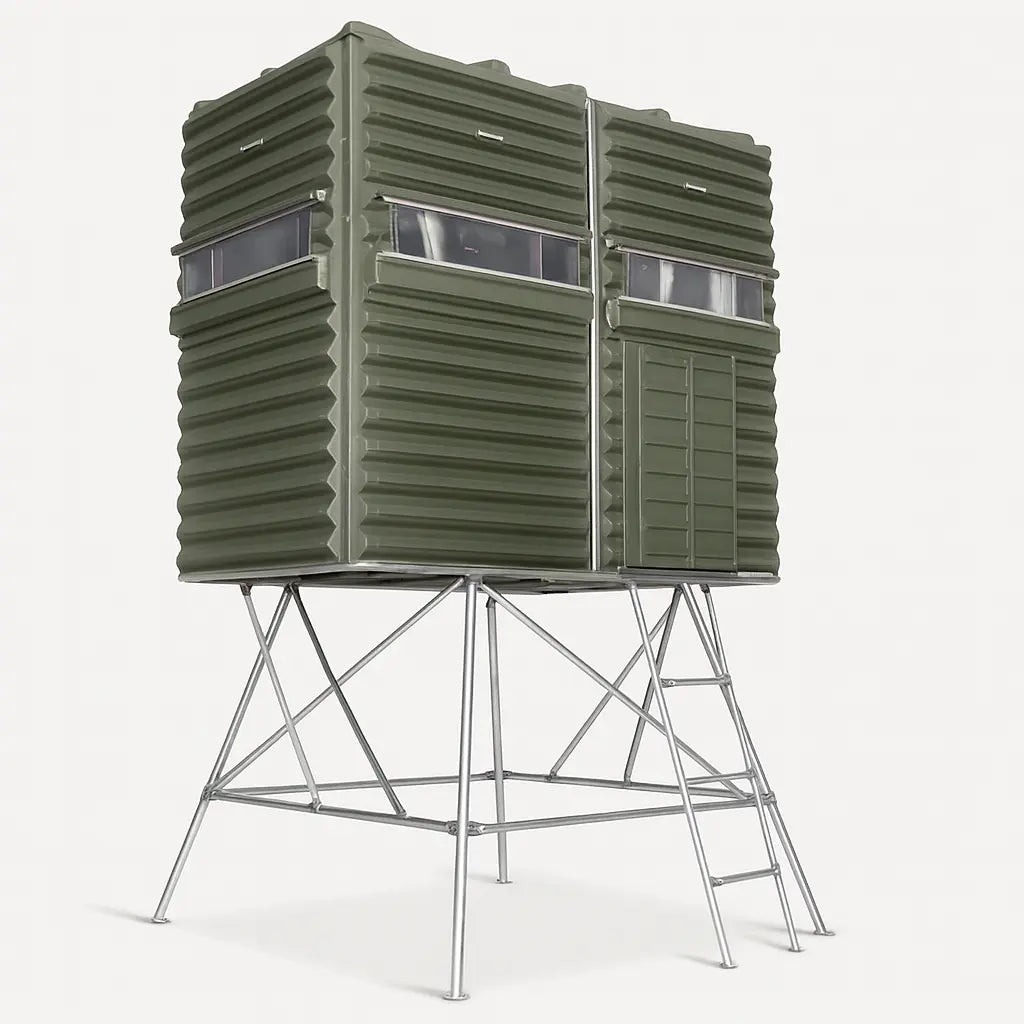 The Blynd 4x8 Deer Hunting Blind on tower stand, angled to display window layout and steel support legs.

