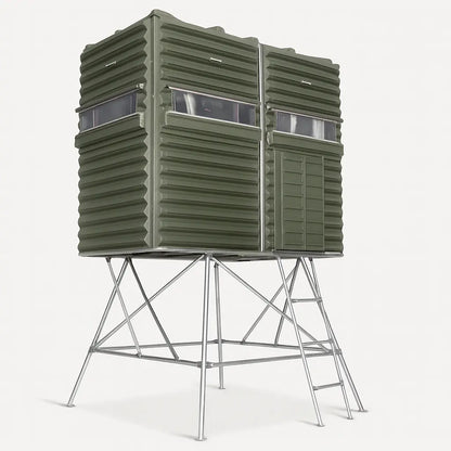 The Blynd 4x8 Deer Hunting Blind on tower stand, angled to display window layout and steel support legs.

