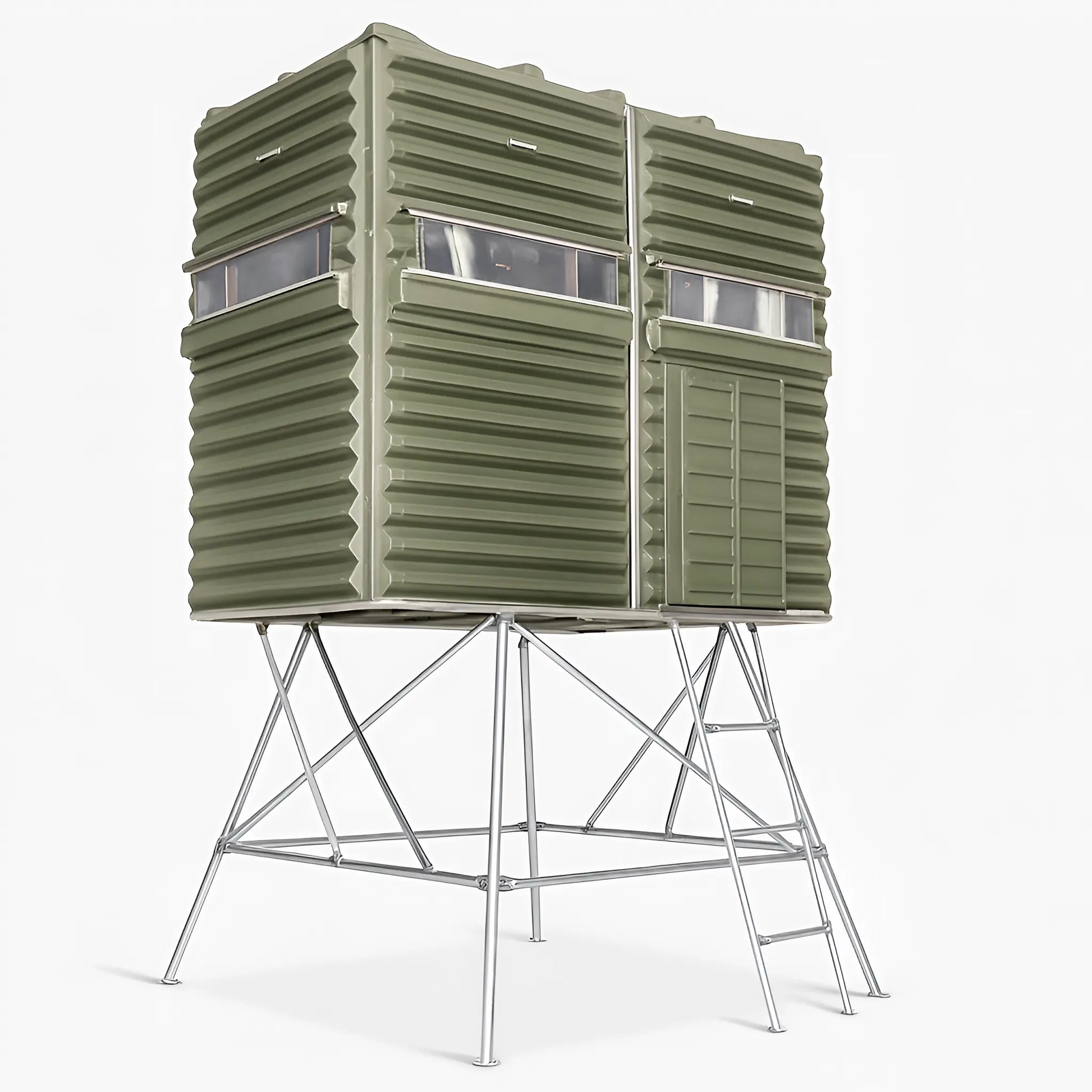 The Blynd 4x8 HD Deer Hunting Blind on white background, highlighting reinforced construction, dual side windows, and elevated steel stand.

