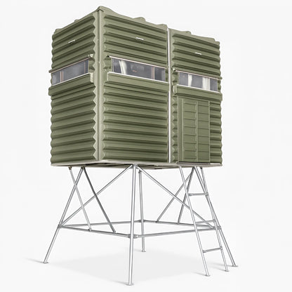 The Blynd 4x8 HD Deer Hunting Blind on white background, highlighting reinforced construction, dual side windows, and elevated steel stand.

