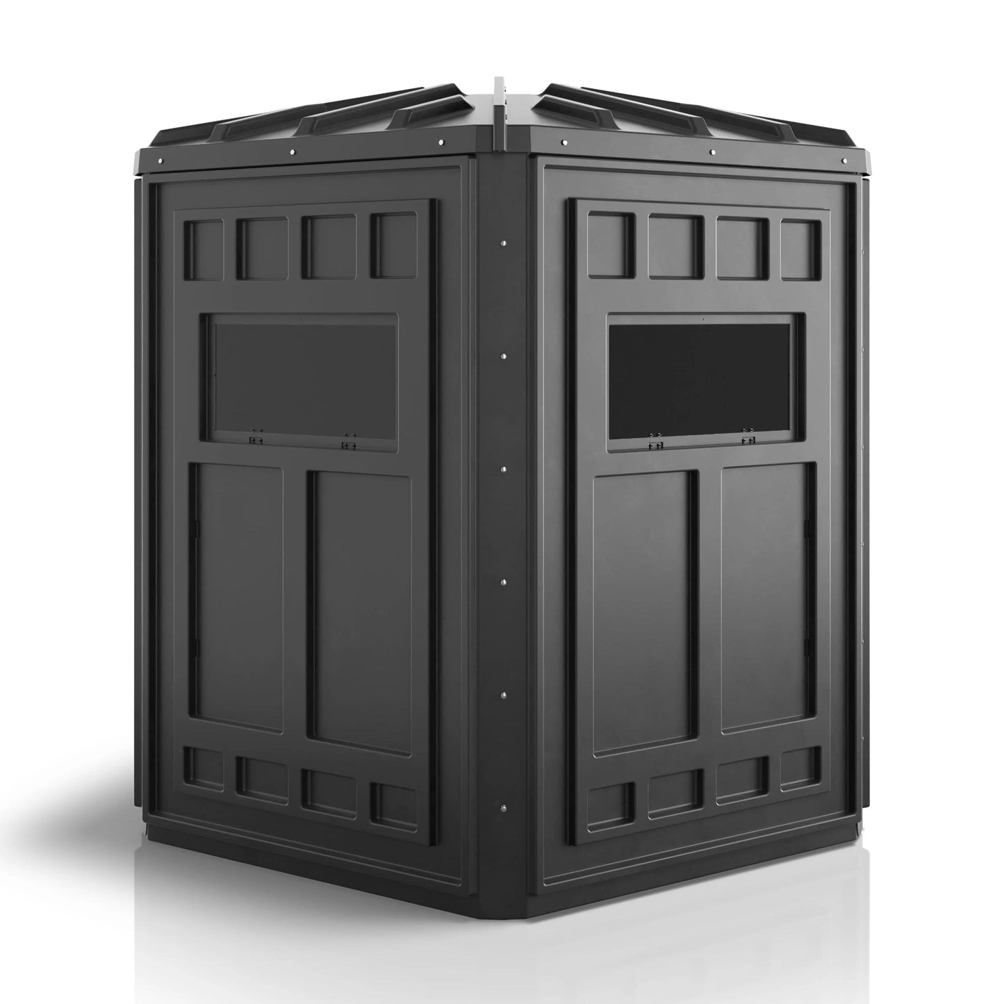 Booner 5-Panel deer hunting blind angled side view with shooting windows, durable black ground blind for bow and rifle hunters sold by Outdoors For Less