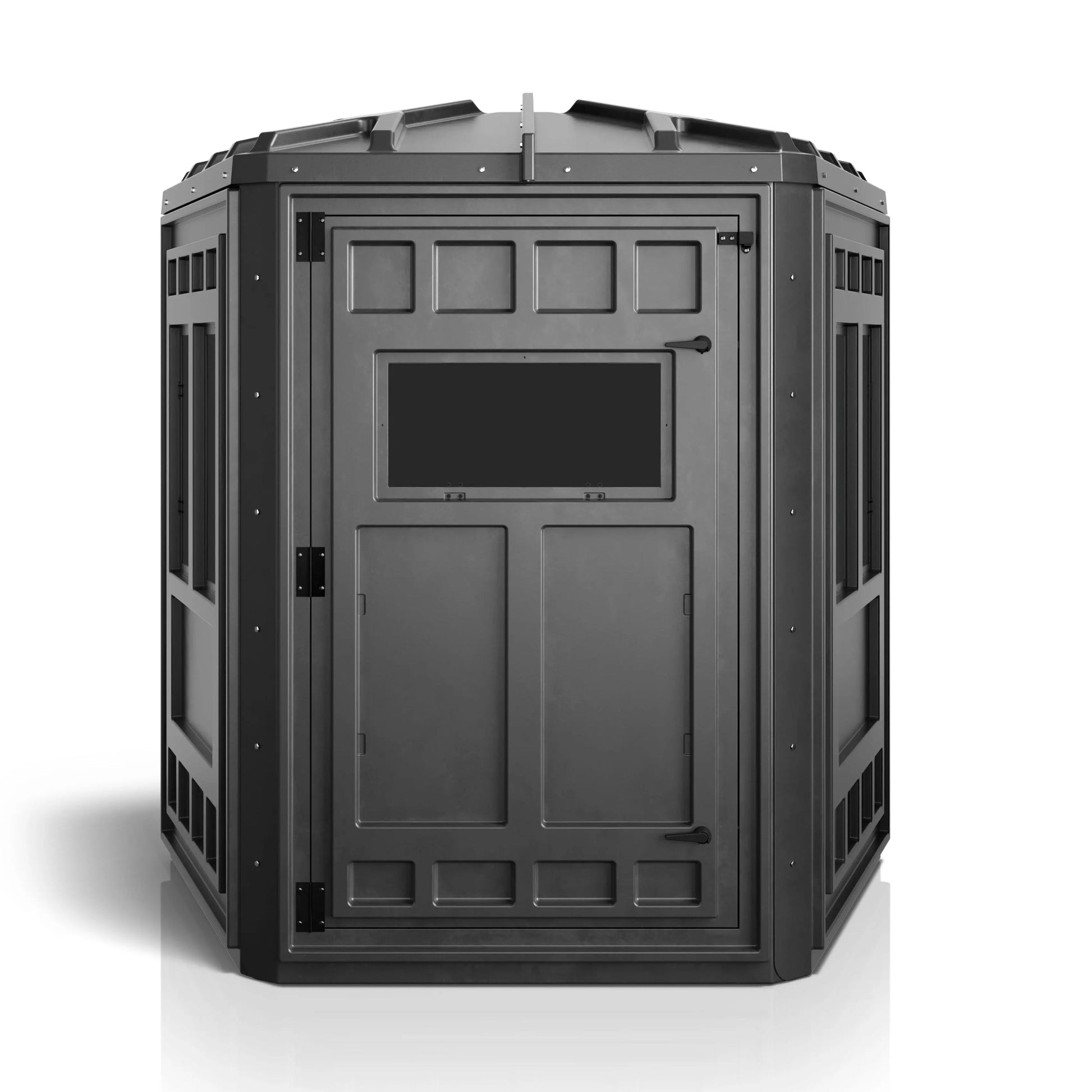 Booner 5-Panel deer hunting blind front view with door and shooting window, durable black ground blind for whitetail hunters sold by Outdoors For Less