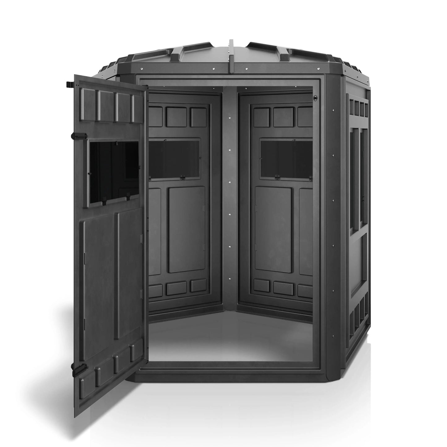 Booner 5-Panel deer hunting blind with door open showing interior space and shooting windows, durable black ground blind sold by Outdoors For Less