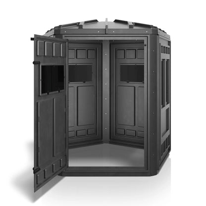 Booner 5-Panel deer hunting blind with door open showing interior space and shooting windows, durable black ground blind sold by Outdoors For Less