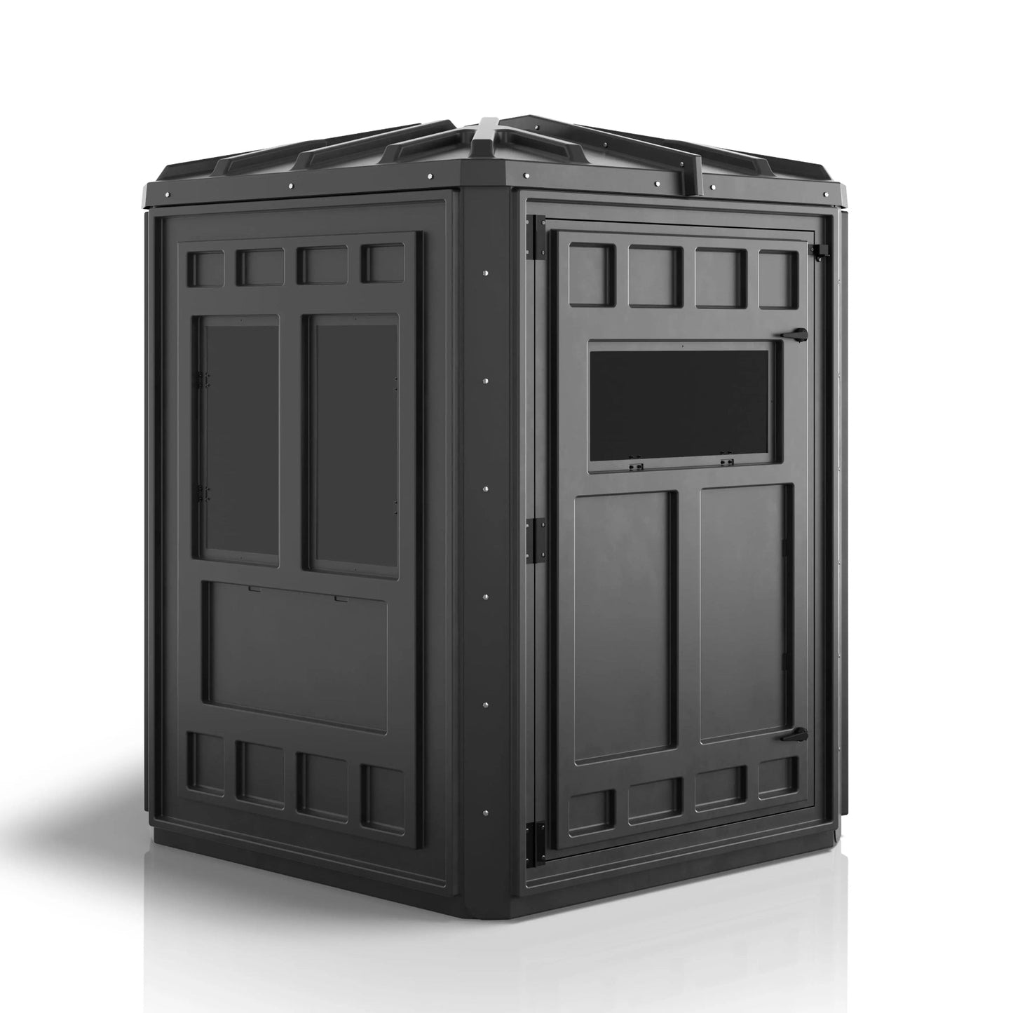 Booner 5-Panel deer hunting blind rear corner view with solid paneling and shooting window, durable black ground blind sold by Outdoors For Less