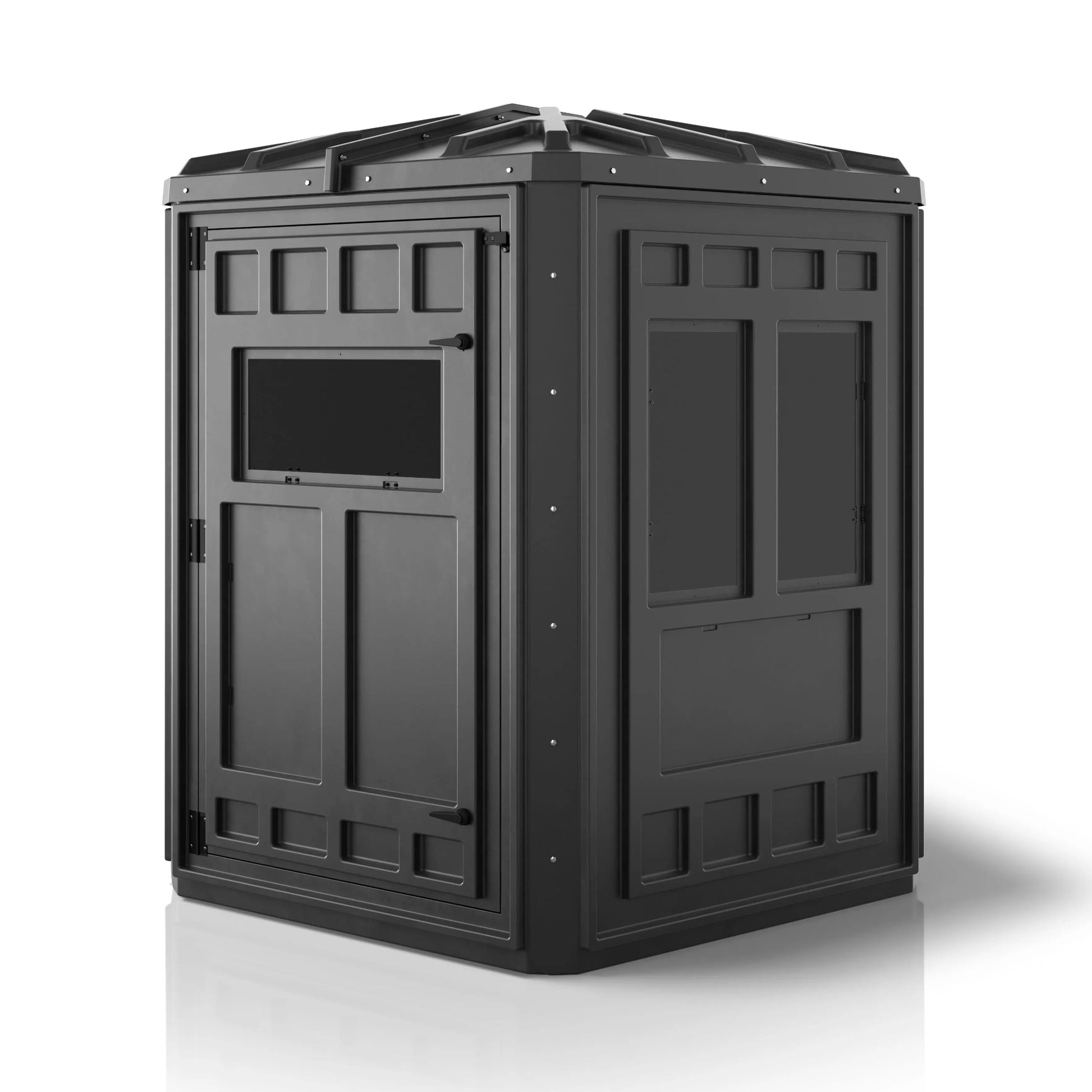 Booner 5-Panel deer hunting blind front corner view showing door and shooting window, durable black ground blind sold by Outdoors For Less