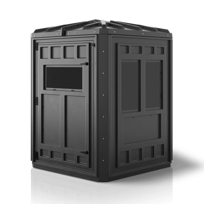 Booner 5-Panel deer hunting blind front corner view showing door and shooting window, durable black ground blind sold by Outdoors For Less