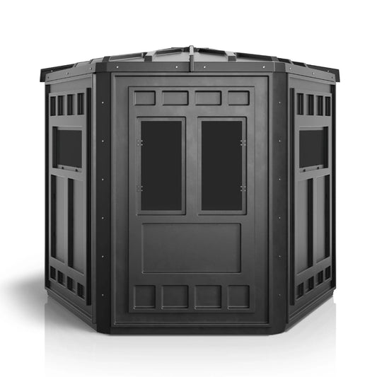 Booner 6-Panel deer hunting blind front view with double door and multiple shooting windows, durable black ground blind sold by Outdoors For Less