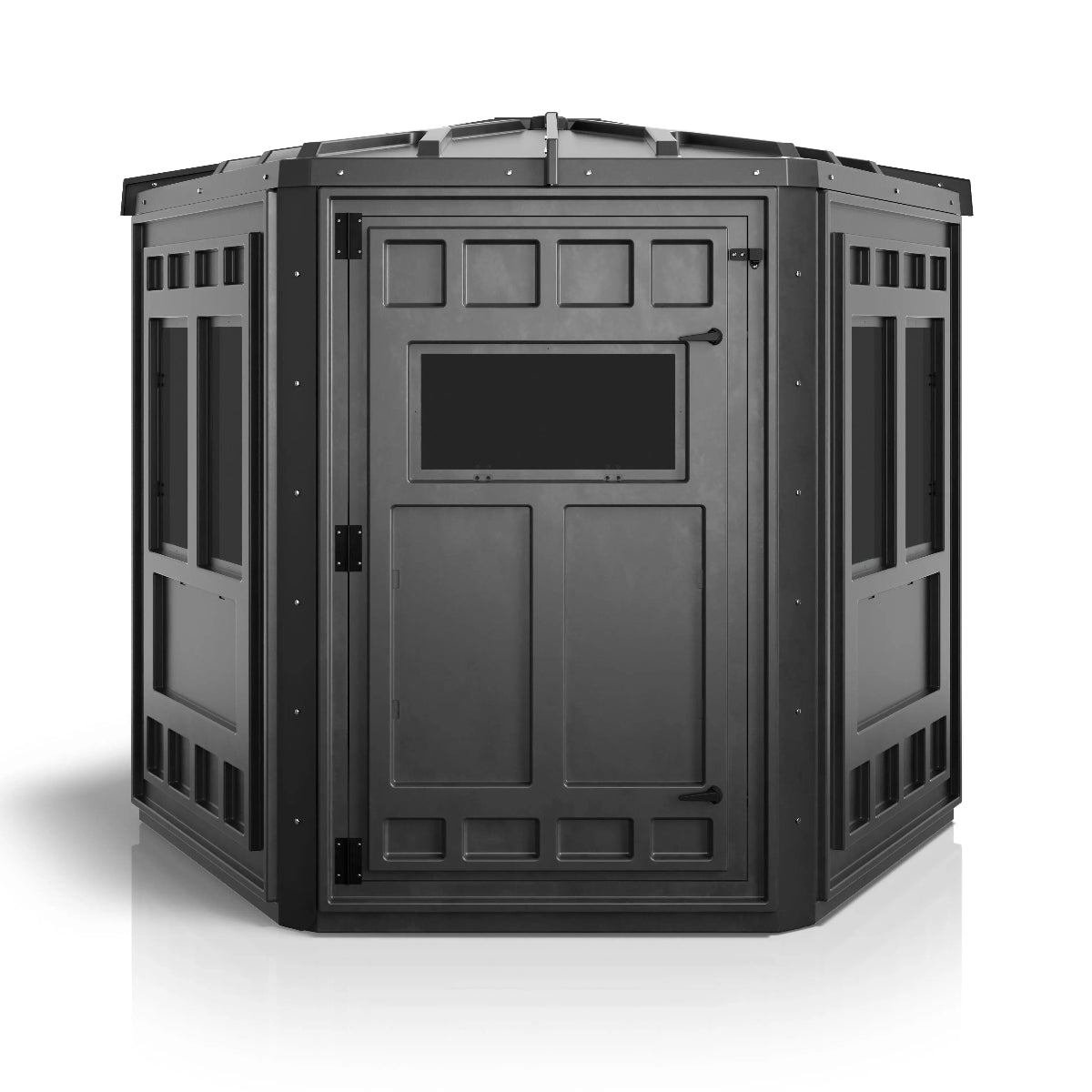 Booner 6-Panel deer hunting blind front view with single door and large shooting window, durable black ground blind sold by Outdoors For Less