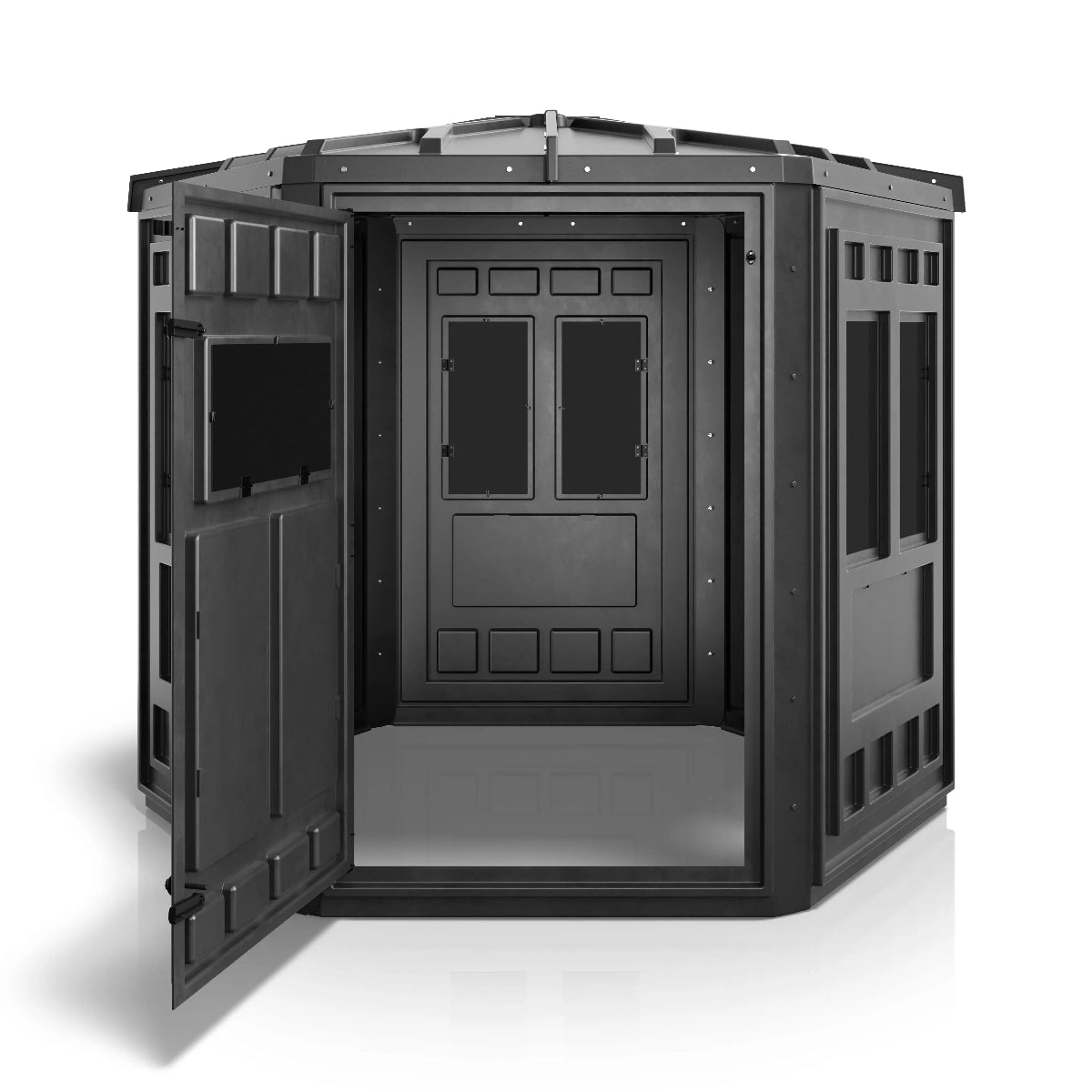 Booner 6-Panel deer hunting blind with door open showing interior space and multiple shooting windows, durable ground blind sold by Outdoors For Less