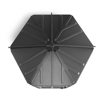 Top-down view of the Booner 6-Panel deer hunting blind roof showing durable molded construction, black ground blind sold by Outdoors For Less