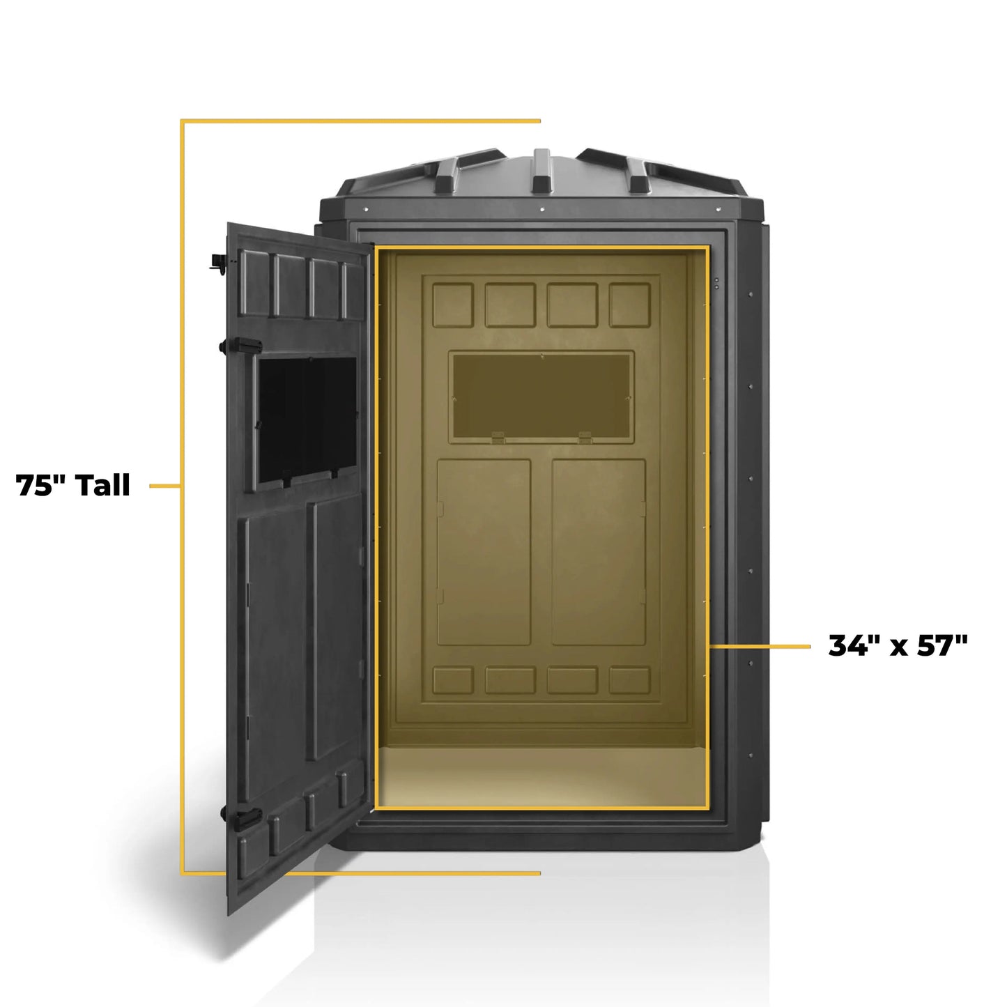 Booner 4-Panel deer blind interior dimensions shown, featuring a 75-inch height and spacious 34 x 57 inch floor space for comfortable hunting.